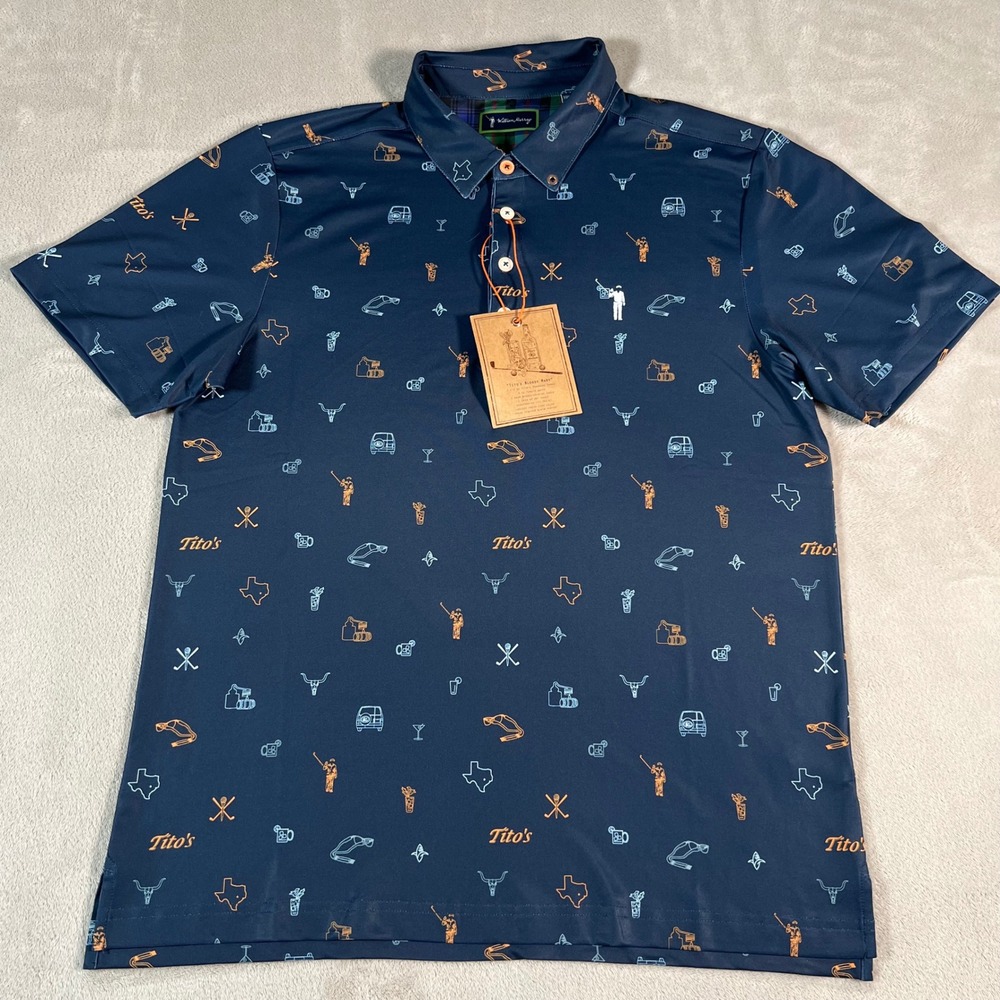 William Murray Texas Icons Golf Polo Shirt Mens Medium Navy Blue Titos Vodka NWT